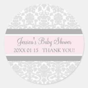Grey Blush Damask Baby Shower Favour Stickers