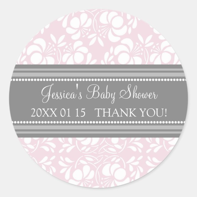 Grey Blush Damask Baby Shower Favour Stickers (Front)