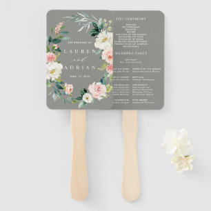 Grey Blush Floral Wreath Wedding Program Hand Fan