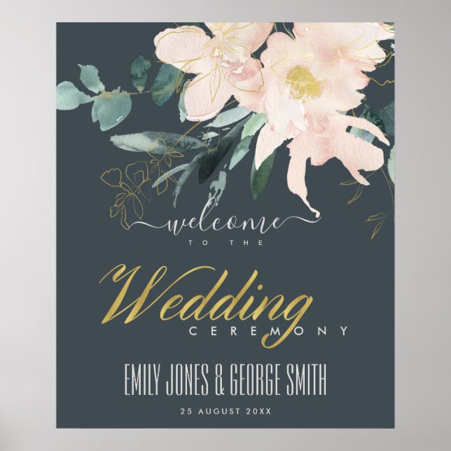 GREY BLUSH GOLD FLORAL WATERCOLOR WEDDING WELCOME POSTER (Front)