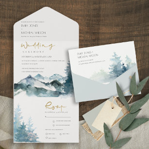 GREY BLUSH GREEN BLUE MOUNTAINS PINE WEDDING ALL IN ONE INVITATION