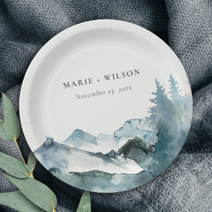Grey Blush Green Blue Mountains Pine Wedding Paper Plate