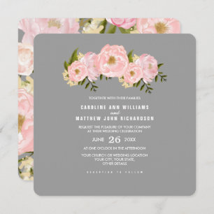 Grey   Blush Pink Peonies Watercolor Wedding Invitation