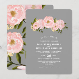 Grey   Blush Pink Peonies Watercolor Wedding Invitation