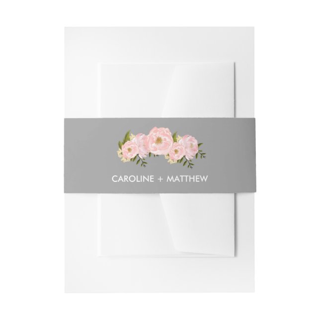 Grey | Blush Pink Peonies Watercolor Wedding Invitation Belly Band (Front Example)