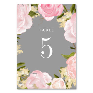 Grey Blush Pink Peonies Watercolor Wedding Table Number