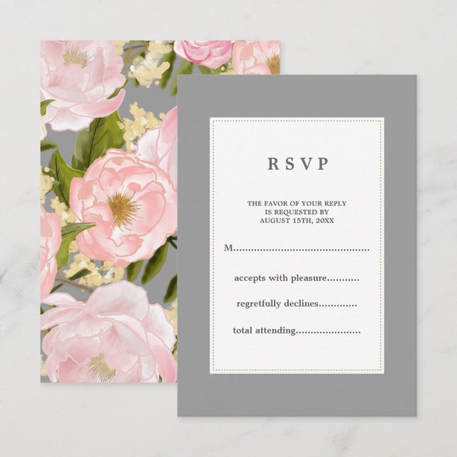 Grey | Blush Pink Peonies Wedding  RSVP Card (Front/Back)