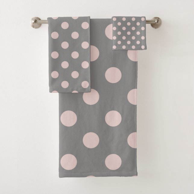 Grey & Blush Pink Polka Dots Dot Modern Bath Towel Set (Insitu)