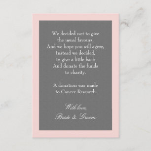 Grey & Blush Pink Wedding Donation Note Enclosure Card