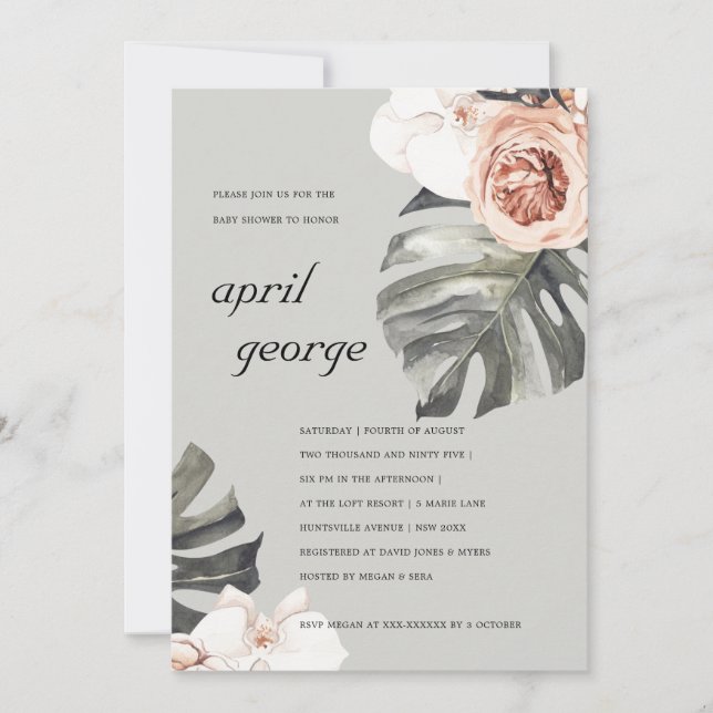 GREY BLUSH RUST FLORA MONSTRERA BABY SHOWER INVITE (Front)