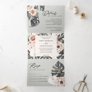 GREY BLUSH RUST MONSTERA FLORA WATERCOLOR WEDDING Tri-Fold INVITATION