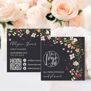 Grey Boho floral event planner logo qr code Square Business Card