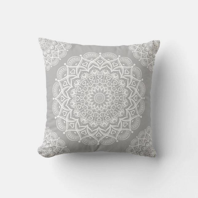 Grey Boho Mandala Throw Pillow (Front)