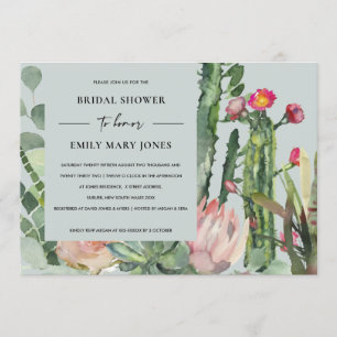 GREY BOHO PINK FLORAL CACTUS FOLIAGE BRIDAL SHOWER INVITATION