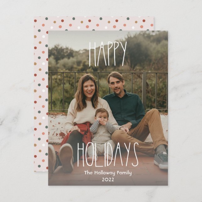Grey Boho Polka Dot Gradient Full Photo Holiday Card (Front/Back)