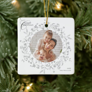 Grey Boho Wildflower Wreath Christmas 2 Photo Ceramic Ornament