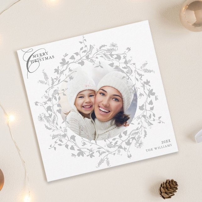 Grey Boho Wildflower Wreath Christmas Photo Square Holiday Card (Creator Uploaded)