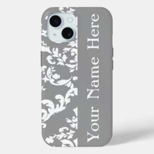 Grey Bold Damask w/ name @ Emporiomoffa iPhone 15 Case