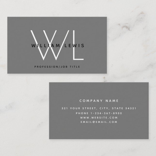 Grey Bold Monogram Modern Minimalist Business Card (Front/Back)