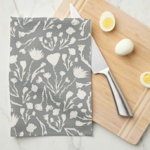 Grey Botanical Cottage Print Kitchen Towel