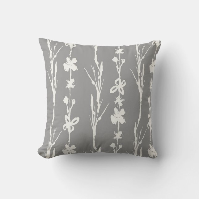 Grey Botanical Farmhouse Decor Throw Pillow (Front)