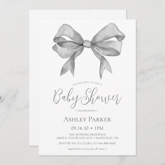 Grey Bow Boy Baby Shower Invitation (Front/Back)