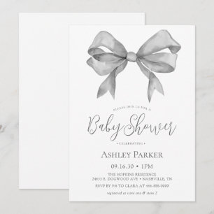 Grey Bow Boy Baby Shower Invitation