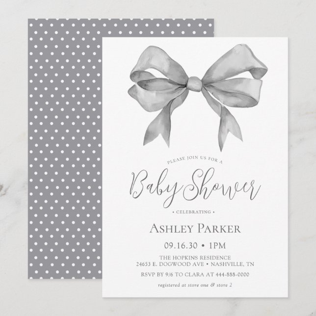 Grey Bow Boy Baby Shower Invitation (Front/Back)