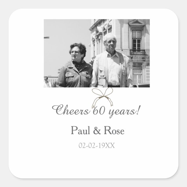 Grey bow cheers to 60 years anniversary wedding  square sticker (Front)