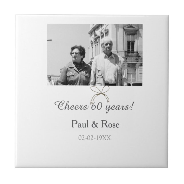 Grey bow cheers to 60 years anniversary wedding  tile (Front)