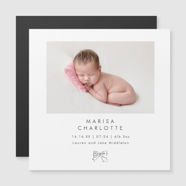 Grey Bow Photo Baby Girl Magnet Birth Announcement (Front/Back)