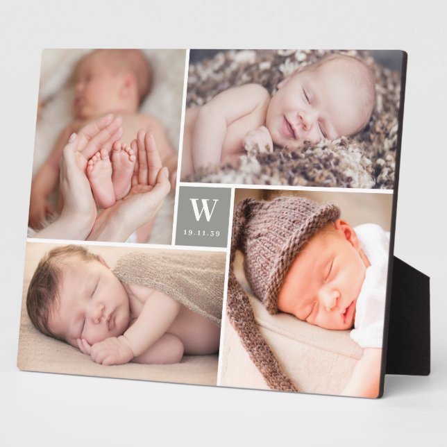 Grey Box Simple Monogram New Baby Photo Collage Plaque (Side)