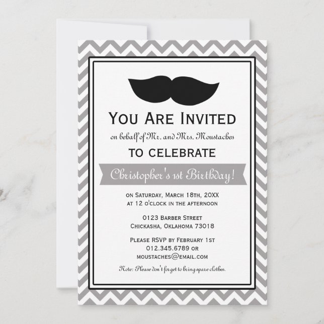 Grey Boy Moustache Chevron Birthday Party Invitation (Front)