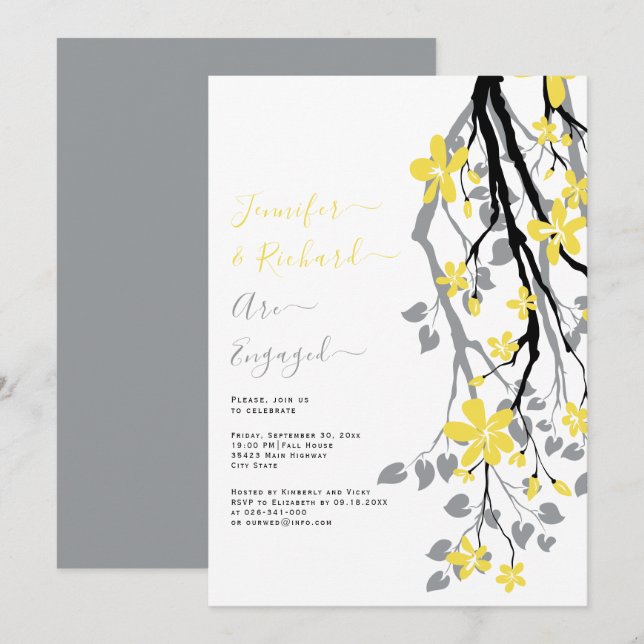 Grey branch with yellow flowers engagement party invitation (Front/Back)
