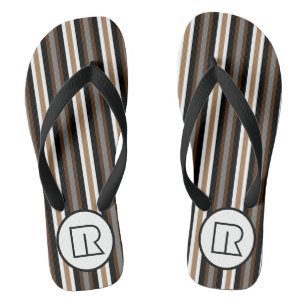 Grey, Brown and Black Stripes With Monogram Flip Flops