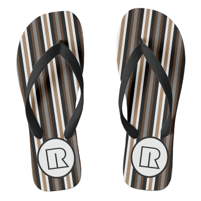 Grey, Brown and Black Stripes With Monogram Flip Flops (Footbed)