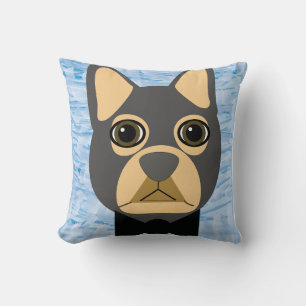 Grey/Brown French Bulldog, watercolor blue Throw Pillow