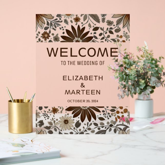 Grey Brown Leaf Pattern Autumn Wedding  Acrylic Sign (Wedding)