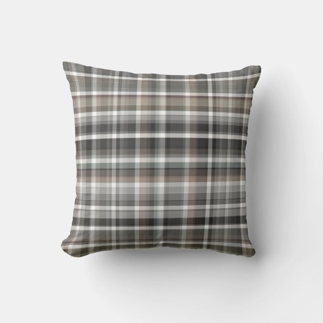 Grey Brown Plaid Rustic neutral Throw Pillow (Front)