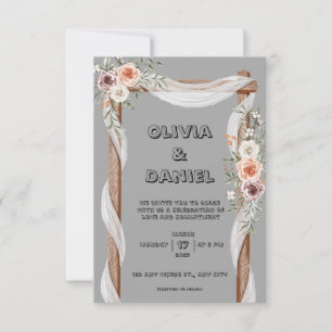 Grey, brown, rustic, and pink invitation