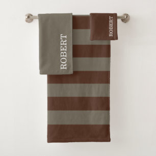  Grey &Brown Strips Pattern Custom Name Bath Towel Set