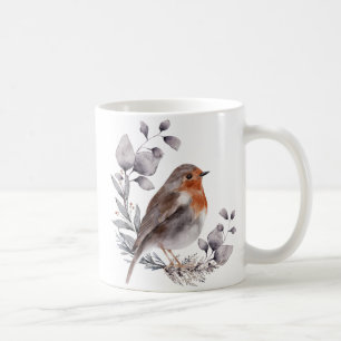 Grey Brown Watercolor Robin Bird Coffee Mug