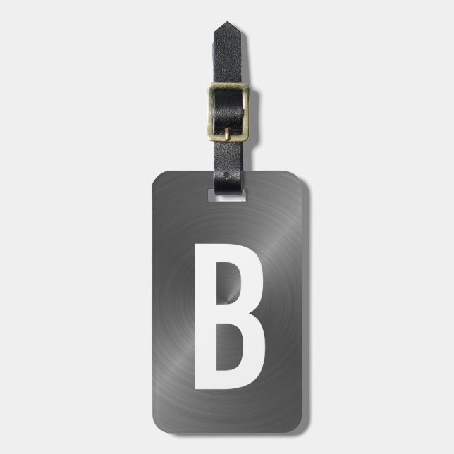 Grey Brushed Metallic Monogram Initial Luggage Tag (Front Vertical)