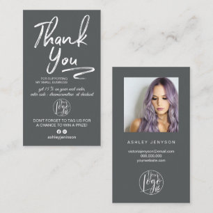 Grey brushed script photo logo order thank you business card