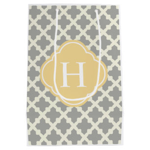 Grey & Buff Modern Moroccan Quatrefoil Monogram Medium Gift Bag