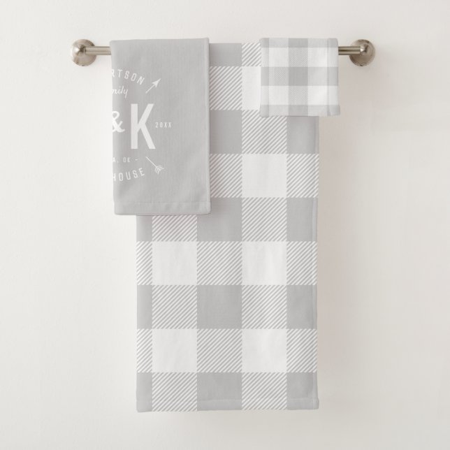 Grey Buffalo Check and Farmhouse Arrow Monogram Bath Towel Set (Insitu)