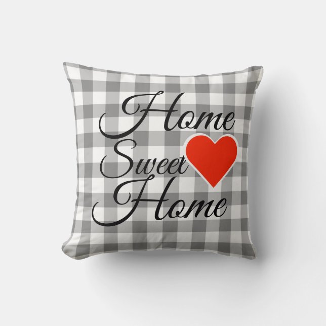 Grey Buffalo Check Home Sweet Home Throw Pillow (Front)