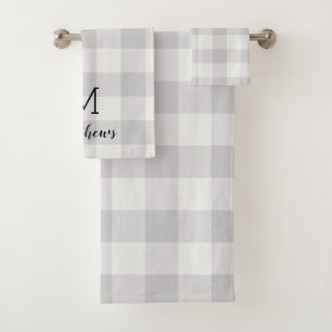 Grey Buffalo Check Monogram   Modern Farmhouse Bath Towel Set