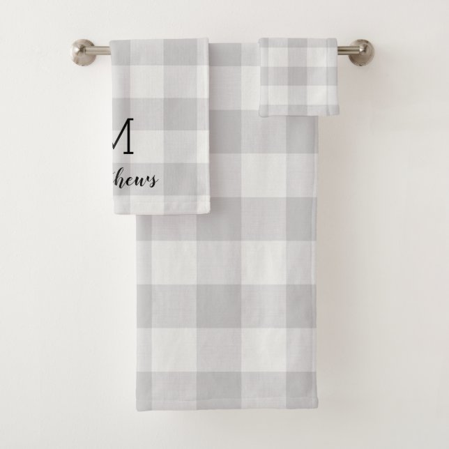 Grey Buffalo Check Monogram | Modern Farmhouse Bath Towel Set (Insitu)