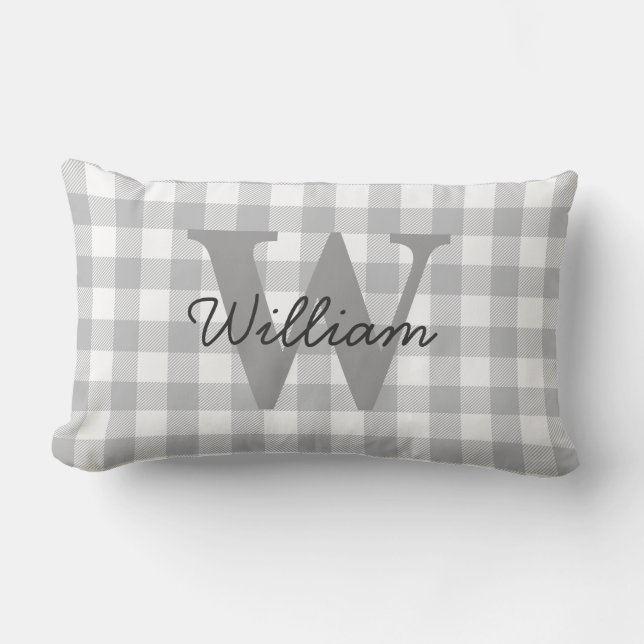 Grey Buffalo Plaid Chequered Pattern Lumbar Pillow (Front)
